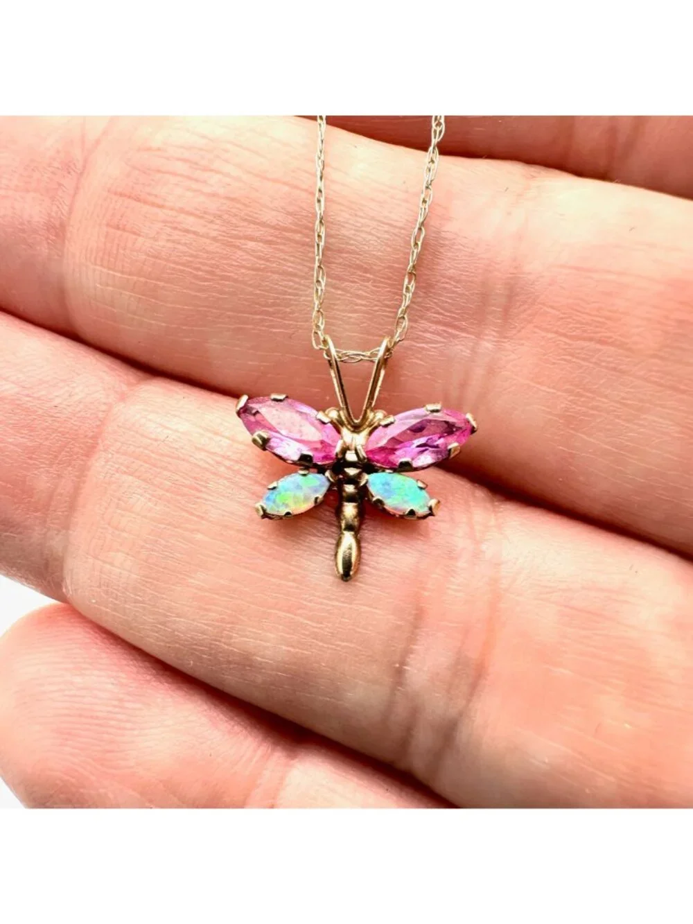 Womens Necklace 10K Yellow Pink Sapphire Opal Butterfly Pendant